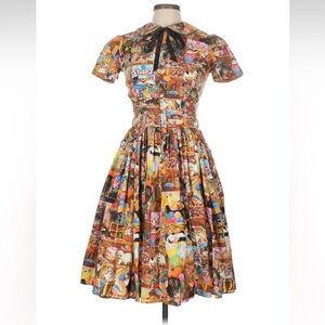 Bernie Dexter pinup rockabilly Colorful cat buttons Collage Print Dress Medium